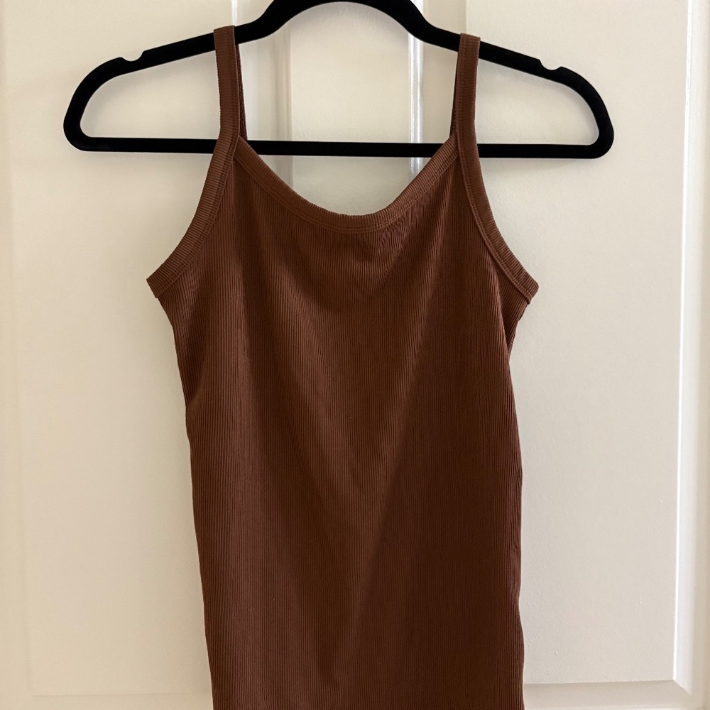 Chocolate Brown Ribbed Knit Cami | Stretch Slim Fit Tank - Size Smal